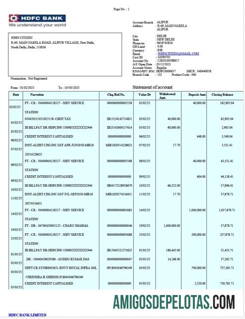 Extrato bancário HDFC da Índia para impressão, modelo Word e PDF